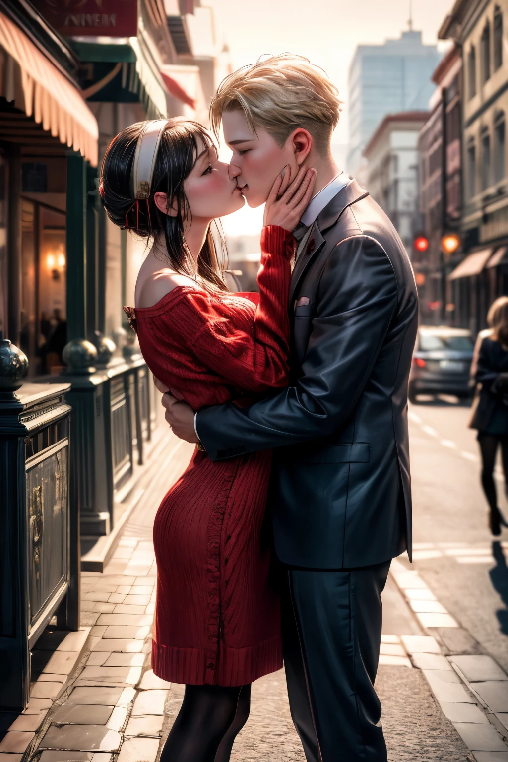 (realistic, photo-realistic:1.4), (masterpiece, best quality:1.2), high resolution, intricate details, extremely detailed, realistic and sharp details, (full body), couple, hetero, 1girl, hairband, red sweater dress, short dress, 1boy wearing business suit, couple hugging each other, kissing, photo background, outdoors, 