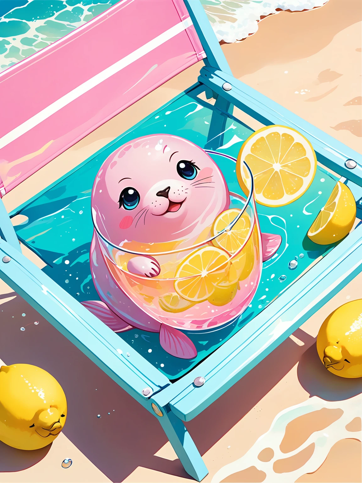 Cute pink seal,(transparent pink PVC body),(transparent body),diamond sparkling body,Top view. The seal sits on a striped beach chair with a glass of yellow liquid,possibly tea or lemonade,next to it. The character has large,expressive eyes against a background of vibrant turquoise that represents the ocean or pool of water with two lemons floating nearby.,