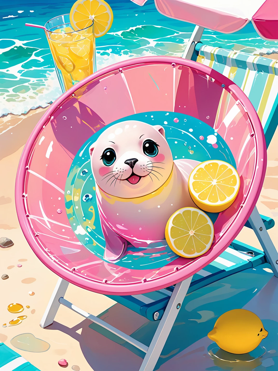 Cute pink seal,(transparent pink PVC body),(transparent body),diamond sparkling body,Top view. The seal sits on a striped beach chair with a glass of yellow liquid,possibly tea or lemonade,next to it. The character has large,expressive eyes against a background of vibrant turquoise that represents the ocean or pool of water with two lemons floating nearby.,