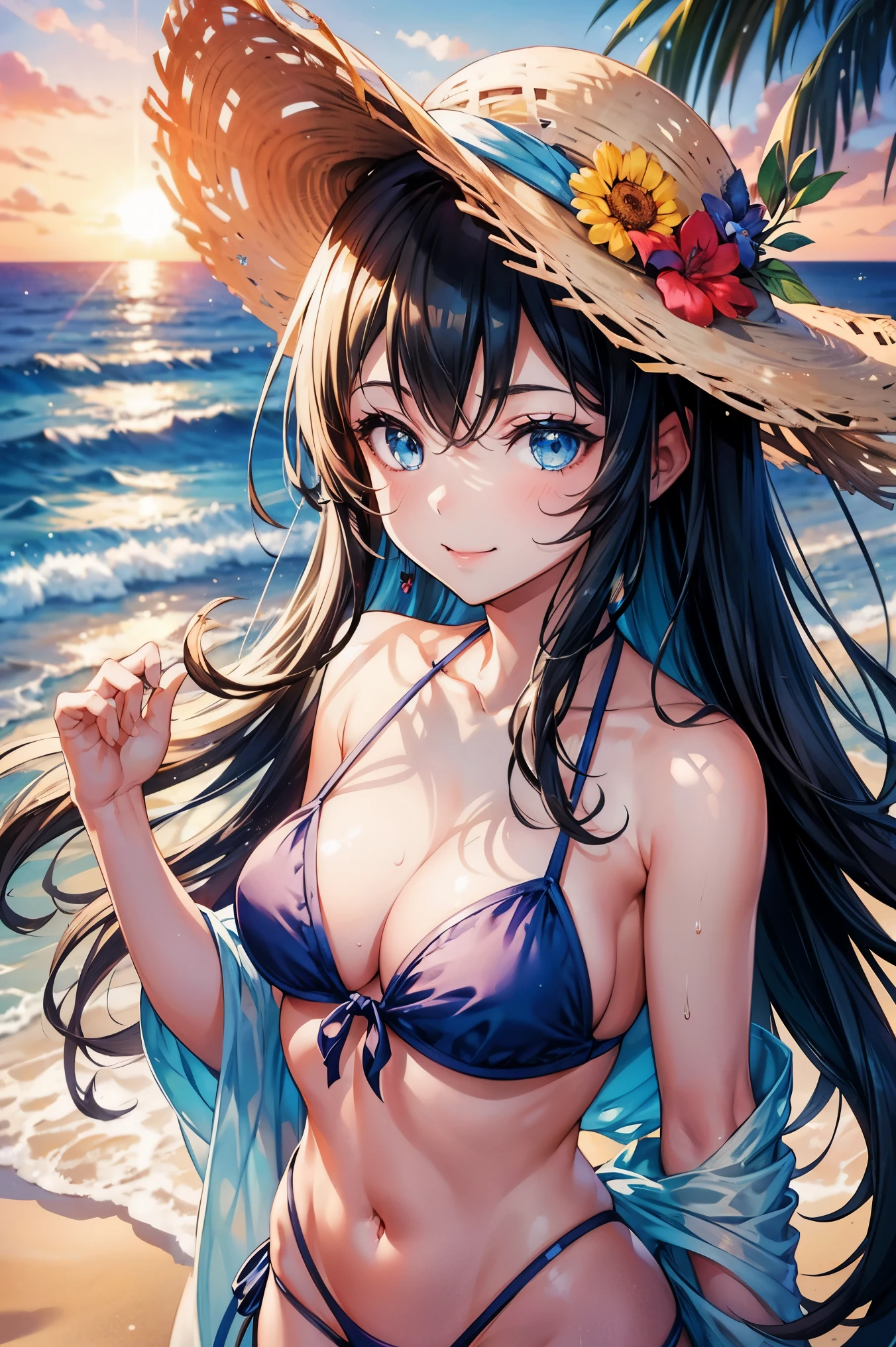 One Girl, long tied brunette hair, smile, blue eyes, Wink, View your audience, Wear a bikini, flower straw hat, (Beach), (sunset), evening, masterpiece, 8K, Perfect lighting, Perfect outfit, Perfect Anatomy, Perfect Eyes, Perfect Face, Sharp resolution, (Face close-up)