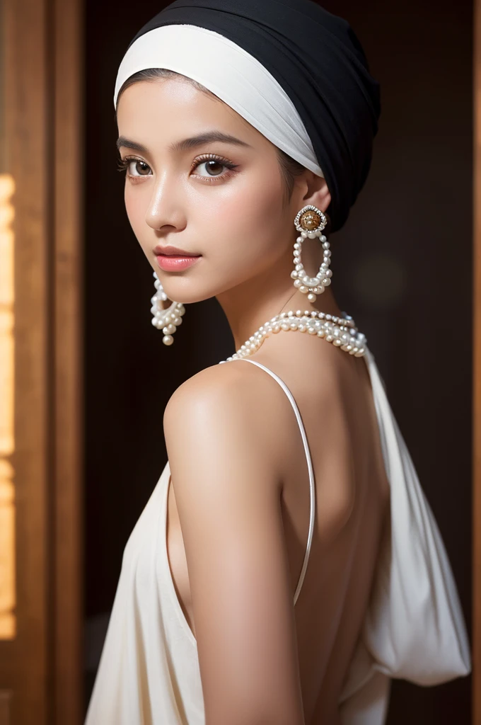 A girl looking back at me、Wearing a Turkish turban、She is wearing large pearl earrings。 The girl in the strong light emerges from the dark background.、It exudes an exotic and mysterious atmosphere.。 To create a lively expression、Light is in both eyes。