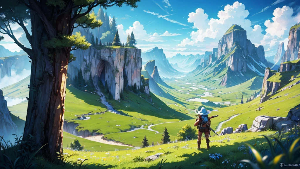 A vast fantasy world grassland Remains Adventurers' Backs Sword and Magic