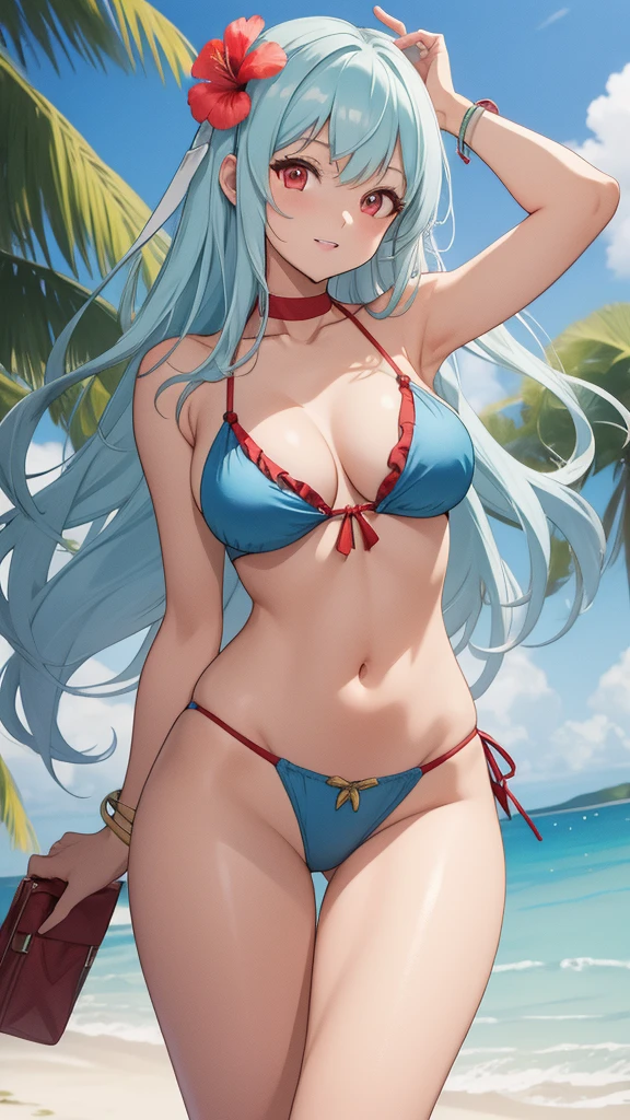 masterpiece, best quality, 1 solo girl, light blue hair, red eyes, long hair, medium breasts, sexy body and face, wavy hair, smile, parted lips, bikini, red bikini skirt, navel, sandals, cleavage, collarbone, bare shoulders, jewelry, bracelet, blue scarf, ribbon, hibiscus, frills, sleeveless, hair flower, toeless footwear, outdoors, summer, sexy pose, cowboy shots, detailed body, face, and eyes, sharp focus, vibrant, creative, dynamic, high definition, high resolution, 8k, (Upscale: R-ESRGAN 4x+ Anime6mage enchance:4x), voluptuous body, cinema lightning, dakimakura style, looking at the viewer,