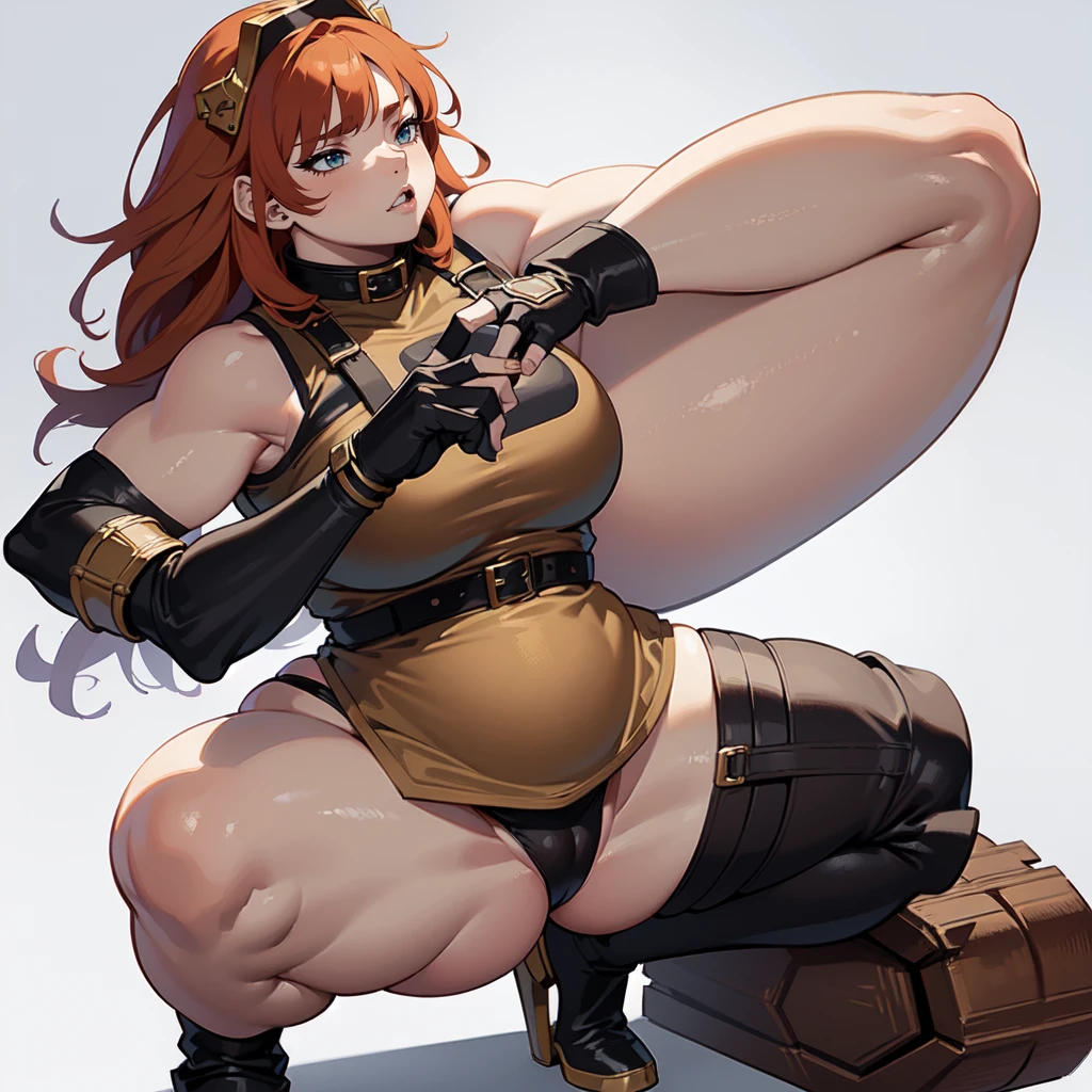 (masterpiece), best quality, female warrior, dark fantasy, huge girl, female muscular:1.2, ginger hair, (curvy:1.6), ((thick thighs:1.3)), (((blank background))), ((full body)), fingerless gloves, long boots, sleeveless, (straight hair), (fur top) , strapless top, (spread legs), (squatting), ((legs apart))
