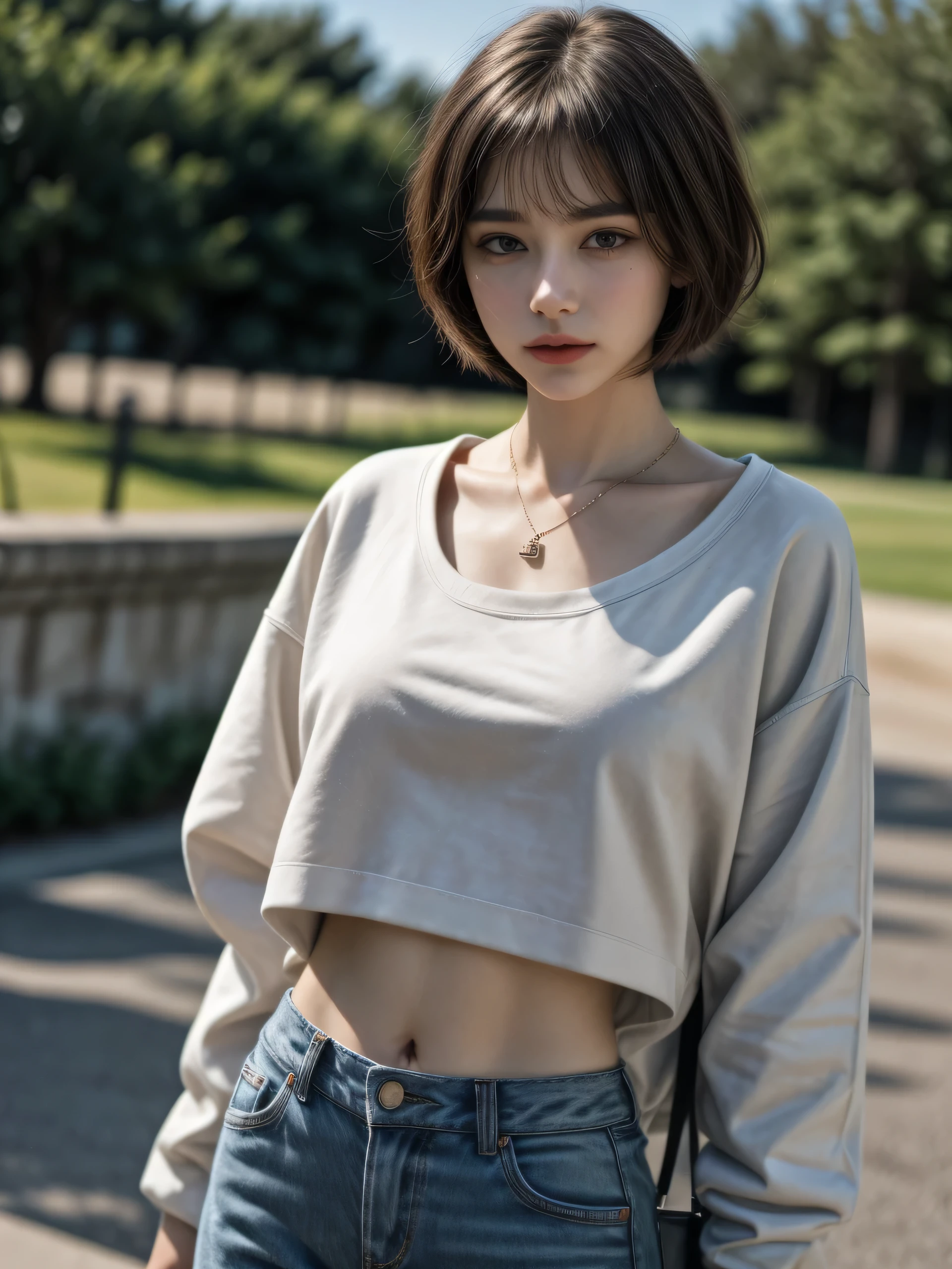(Masterpiece, best quality, realistic, photorealistic : 1.2), high detailed photo, delicate details, sharp focus, 1 gorgeous pretty girl, short hair, bowl cut hair, beautiful face, thin, (slim body shape), fine skin, lip gloss, perfect hands, wearing ((oversized white sweatshirt with navy blue strip)), (loose flared pants), pendant, outdoor, vibrant, vivid.