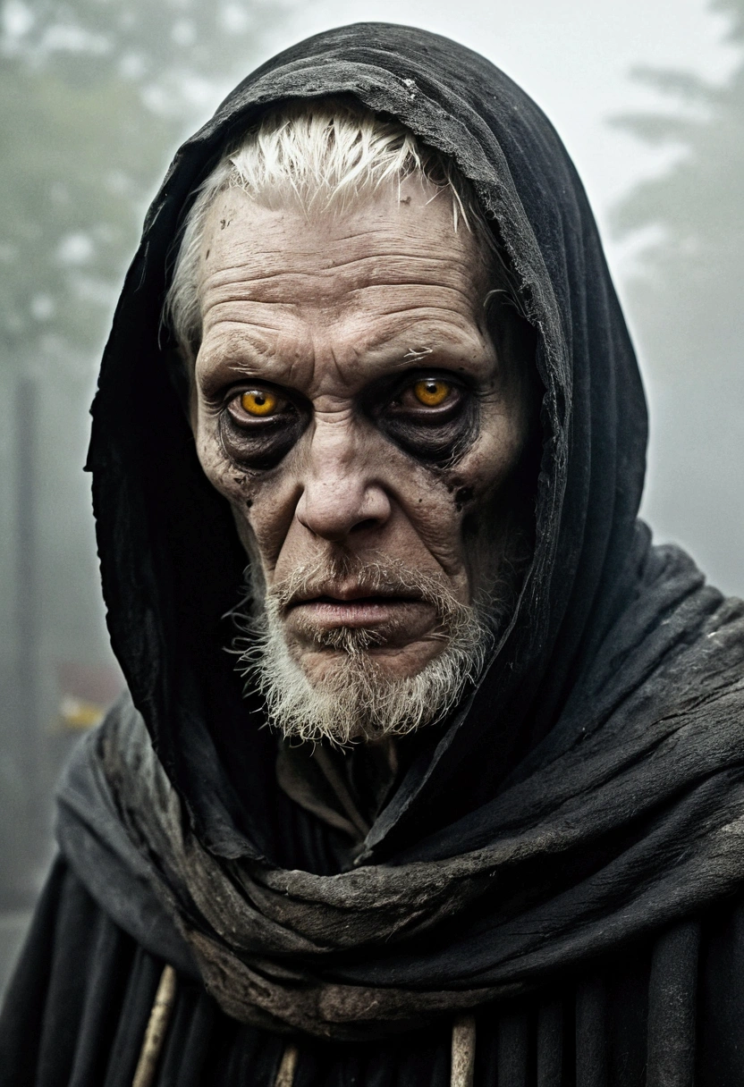Upper Body, Very Old, Half of his face was deformed and melted., expensive, 2 meters, Black Aura, scared, dirty, beggar, Short white hair, Pale, wrinkled skin, Sparse beard, Yellowish pupils, Slouching posture, Sharp and evil, Torn clothes, Crow's feather cloak on the back, Body covered with bands and hood, fog, Dark gas station, Horror, fear, scared, Suspense, mysterious