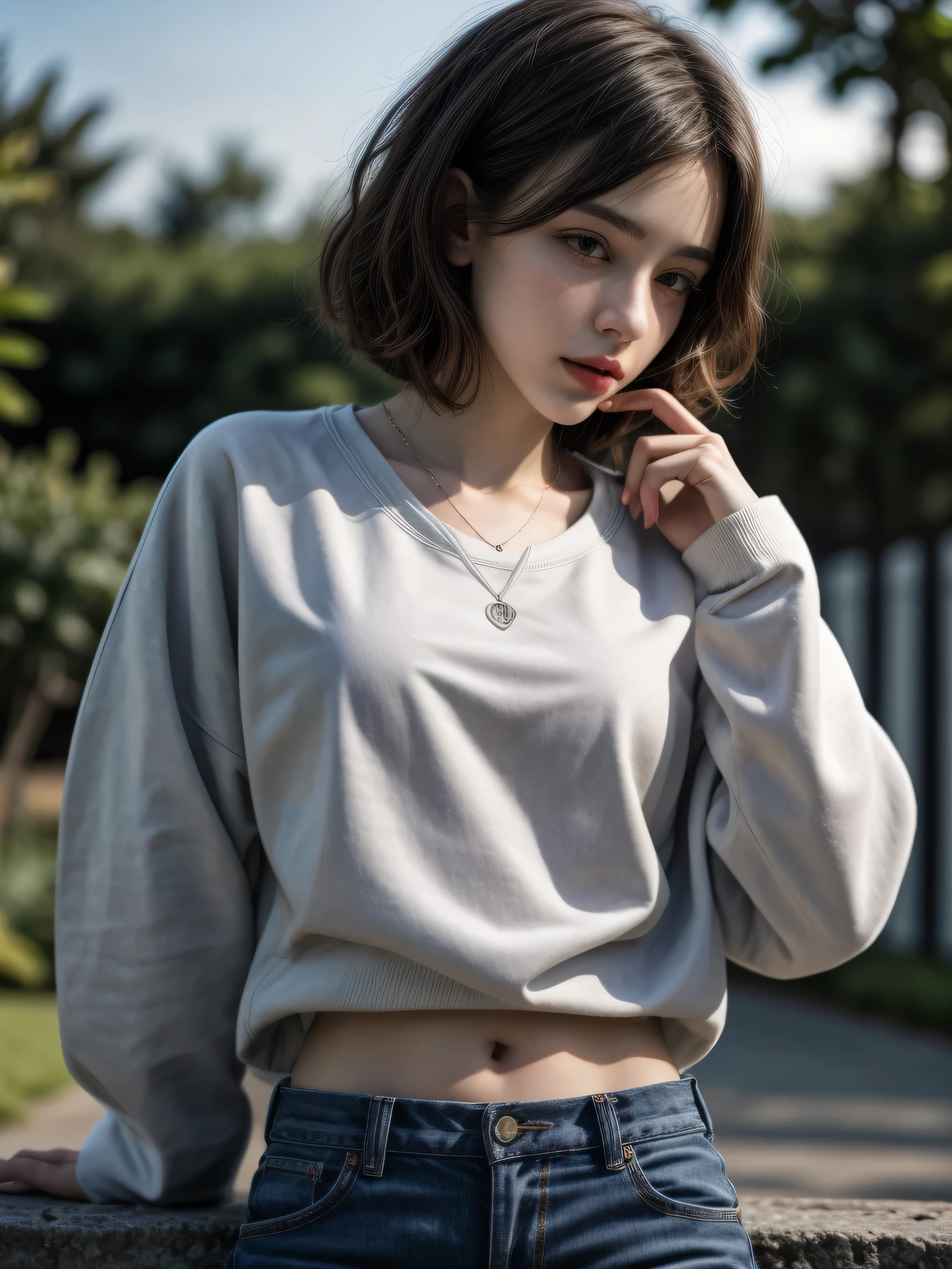 (Masterpiece, best quality, realistic, photorealistic : 1.2), high detailed photo, delicate details, sharp focus, 1 gorgeous pretty girl, short hair, bowl cut hair, beautiful face, thin, slim body shape, fine skin, lip gloss, perfect hands, wearing ((oversized white sweatshirt with navy blue strip)), (loose flared pants), pendant, outdoor, vibrant, vivid.