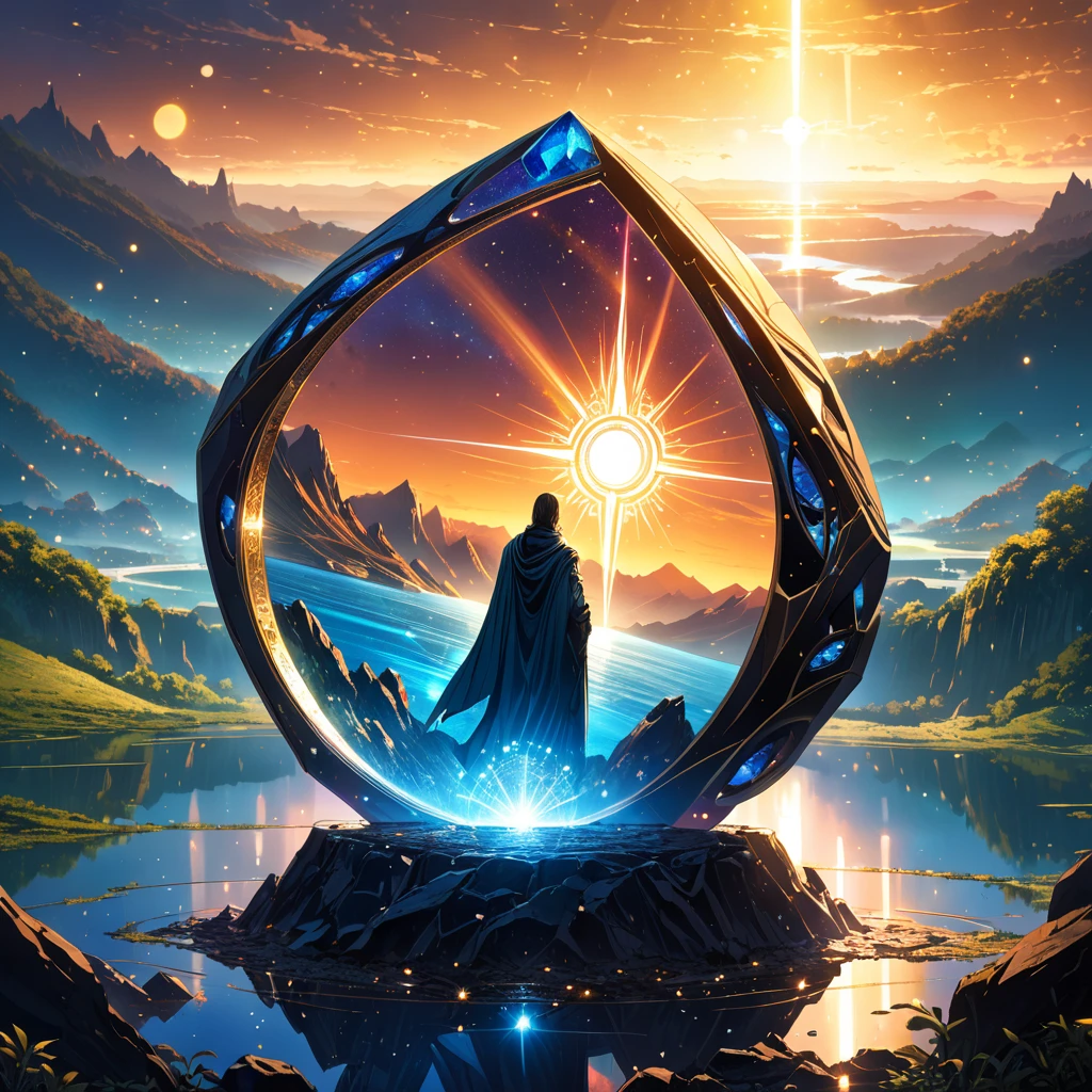 masterpiece,best quality,Hyper detailed,light,Intricate details,high resolution,Official Art,Finely detailed,high resolution插图,8K,lens flare,Light particle,Dark, intense shadows,particle,detailed Background,detailed Glow,detailed Reflection,detailed,Mysterious Landscape Photography, IncRedible futuristic images appear on the Miracle Stone, Dark, atmosphere, Dark,Aaron Horkey&#39;s painting depicts,A powerful portal to another world,The smooth lines reflect the superb architectural technology of the time.., Every detail should be clear, Every refraction should be delicate and exquisite, Glass-based materials, The whole complex looks magnificent.,Red,dark Red color palette
