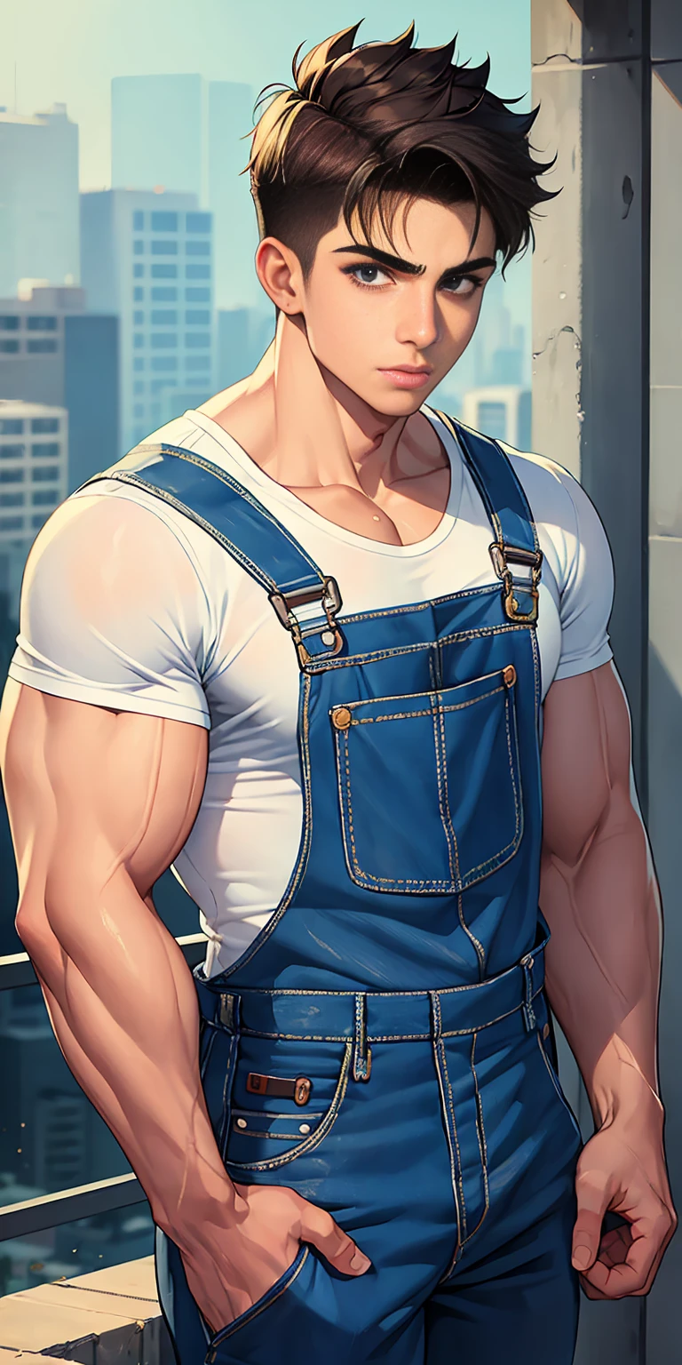 (masterpiece), Best quality, expressive eyes, perfect face, 1 boy, , Maxican muscle guy, bodybuilder,handsome in overalls
