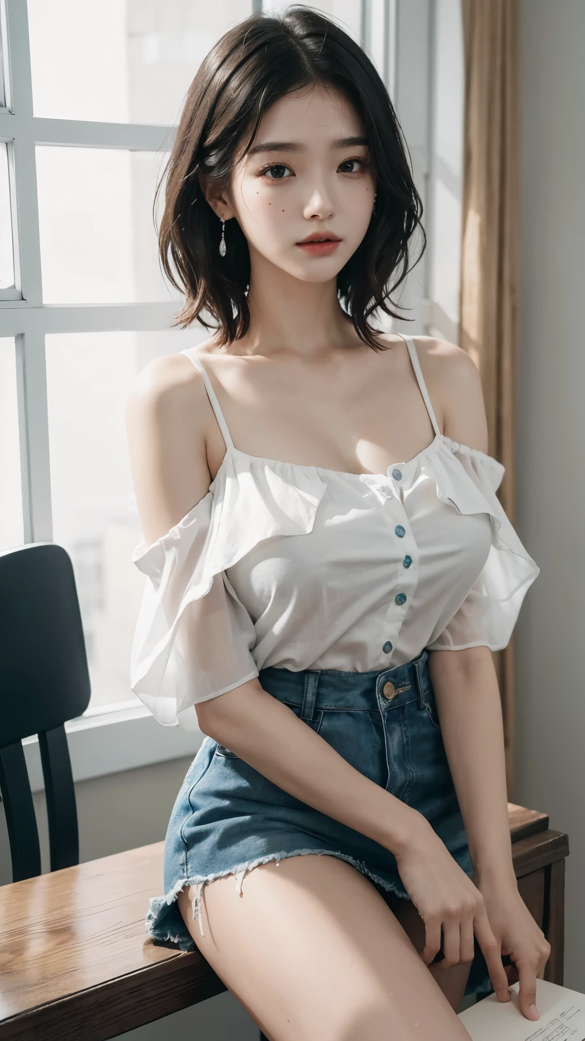 absurd, raw photo, very delicate and beautiful, masterpiece, best quality, ultra high resolution, 16,000, surreal, very detailed, complete anatomy, very detailed 피부, perfect look, very detailed CG 8k 벽지, In my 20s , delicate facial features, mole shedding tears, earring,  (very big and round breasts:1.2), (full body shot:1.1), (1 woman:1), Short hair, (wavy hair:1.1), (), sleeveless, buttonless shirt, super mini skirt , modern dark classroom interior , minimalist sexy transparent costume, off shoulder 