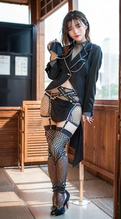 (((Bondage Suit:1.35)))、(((Black fishnet stockings:1.35)))、(((Panties:1.35)))、(((High heels:1.35)))、Highest quality,Super detailed,masterpiece,Hentai Realism,Photo Rare,Bright lighting,One Girl, Camera color temperature 3800k、Very beautiful 17 year old girl, (cute:1.1),A faint smile, (Brown eyes),(Dark brown hair),(With bangs),Perfect Glowing Skin,Perfect Skin,((erotic,Sexy and sexually explicit)),((Accurate Pointer，No discomfort)), Big ample breasts:1.5,Big breasts and small waist, View your viewers,((Japan Uniform:1.1)),(()),(Christmas tree),((mini skirt:1.2)),(((Lift the skirt with your own hands))),(Lifted it himself),(Stand with your feet together)), Knee-high socks,(Loafer shoes), During the day,Station platform、Exposing the nipples、