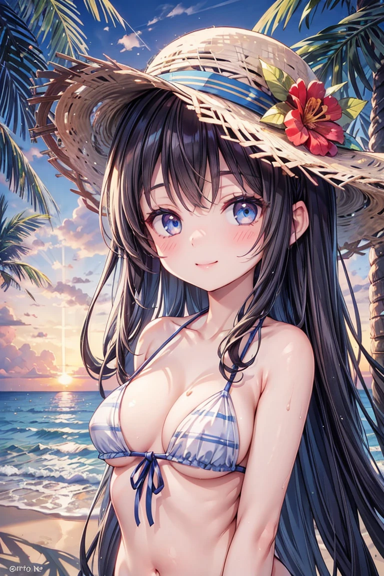 One Girl, long tied brunette hair, smile, blue eyes, Wink, View your audience, Wear a bikini, flower straw hat, (Beach), (sunset), evening, masterpiece, 8K, Perfect lighting, Perfect outfit, Perfect Anatomy, Perfect Eyes, Perfect Face, Sharp resolution, (Face close-up)