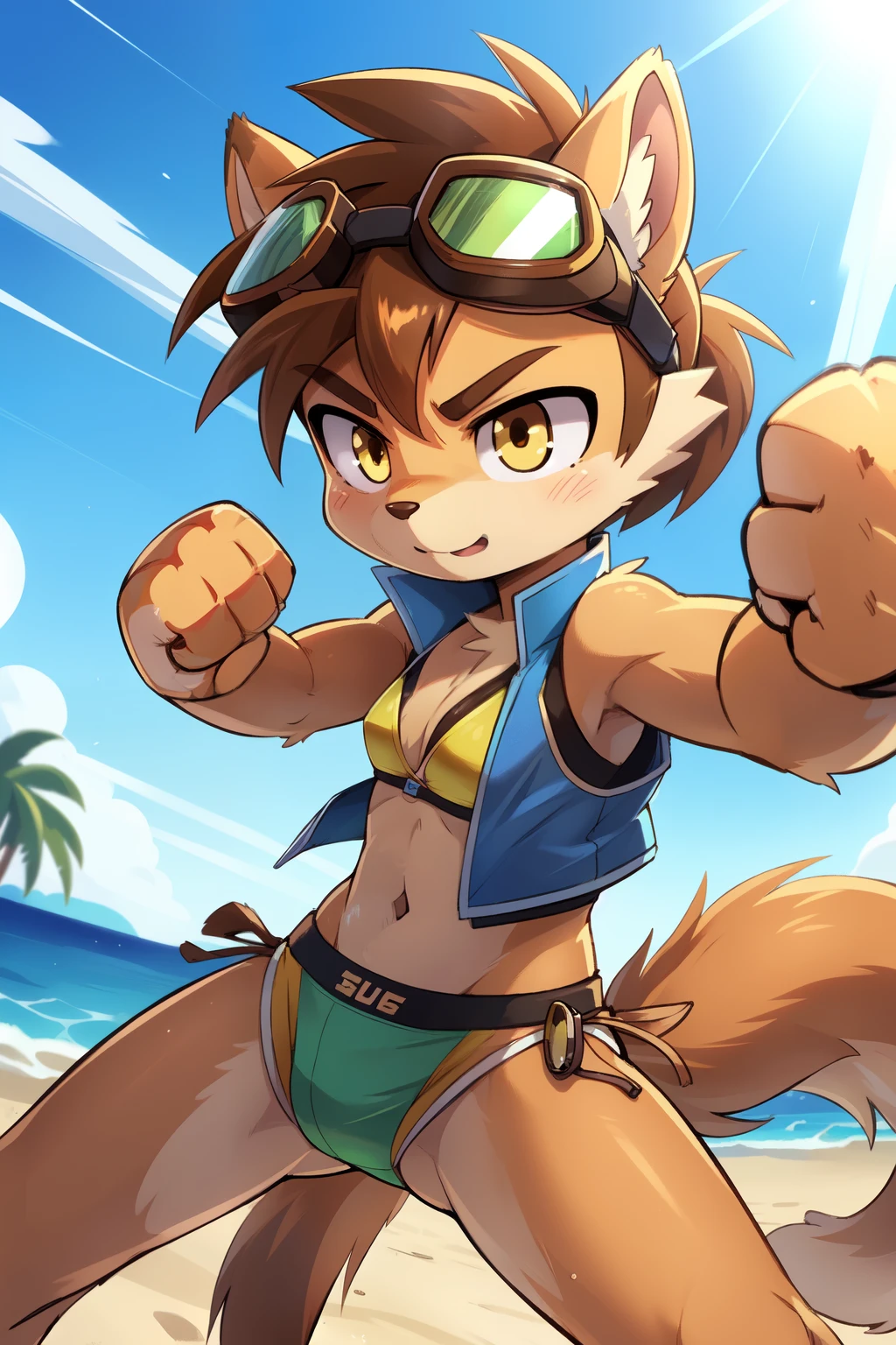 score_9,score_8_up,score_7_up, source_cartoon, source_furry, Furry girl, young, squirrel, brown spiky hair, short spiky ponytail, yellow eyes, small breasts, detailed body fur, ((goggles, blue vest, open clothes, green bikini)), masterpiece, anime style, two tone body fur, brown body fur, clear brown body fur, squirrel tail, detailed face, big eyebrows, detailed eyes, detailed body,  beach, clear sky, detailed hands, glistering body, shiny body, skinny, sassy face, (fight, dynamic action shot, speed lines, motion blur, fighter pose, ((punch act, fist, punch focus)), detailed fist, detailed punch, uperbody,