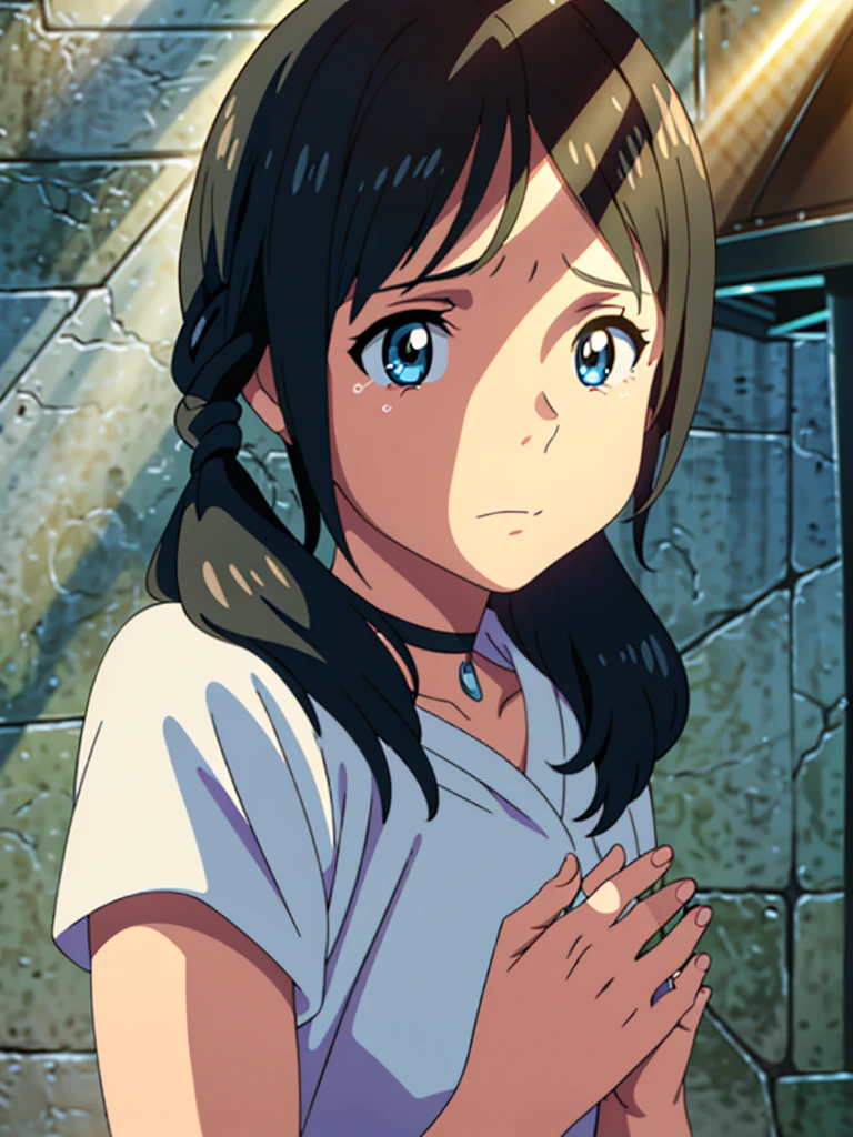 (masterpiece:1.2), (best quality:1.2), (ultra-detailed), (anime screencap:1.2), ((kawaii)), cute, (lovely), 1 young women, (beautiful detailed eyes), solo, slender limbs, delicate curves, dainty hands, pig tail, messy hair, blue eyes, puffy eyes, droopy eyes, big eyes, black hair, very high resolution, portrait, crying, natural light, break, spotlight, (rim light:1.7), (lighting front:1.7), (lighting forward:1.7), no shaded face