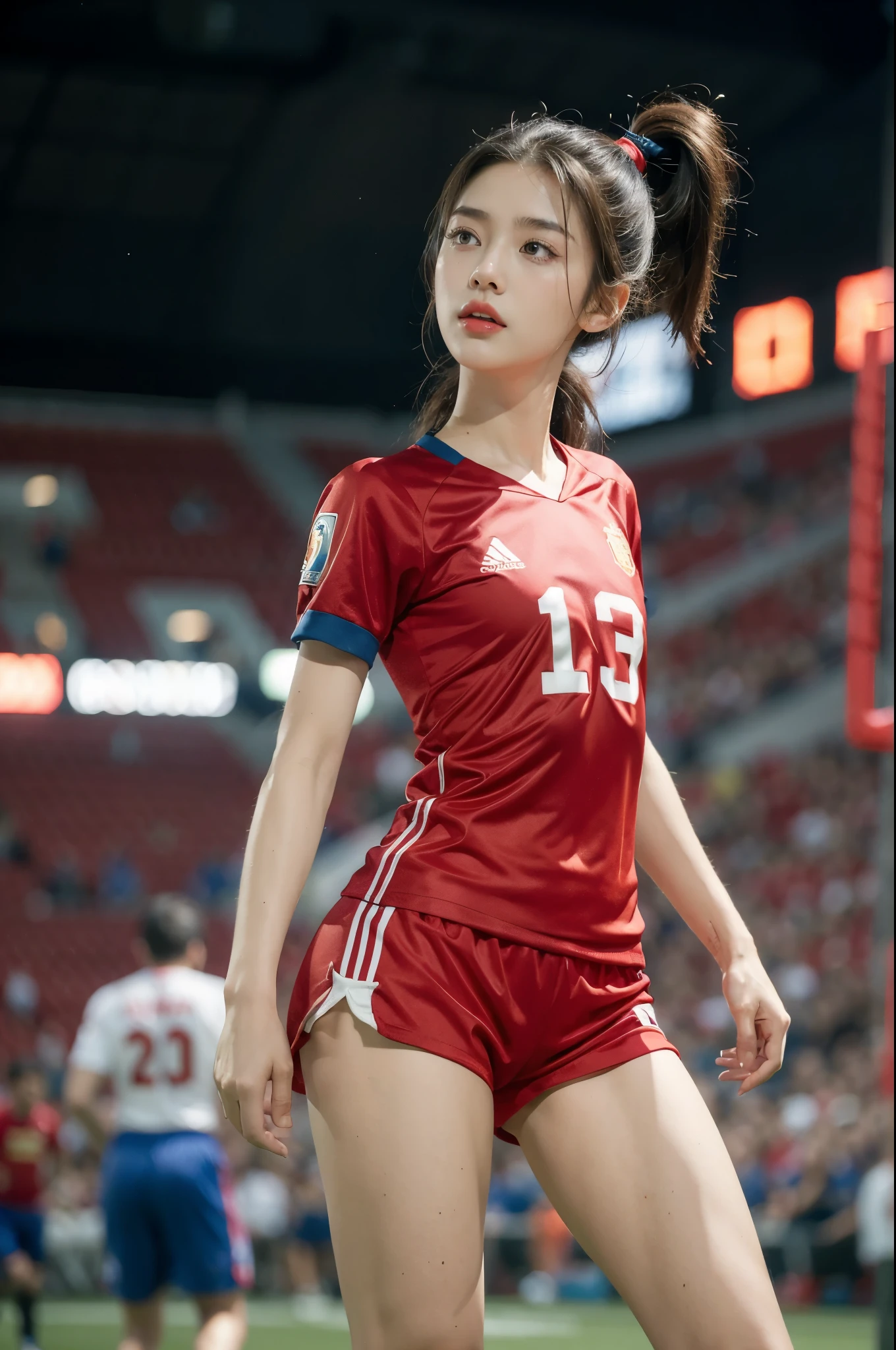 (((best quality))), (((ultra detailed))), (((masterpiece))), illustration,(a beautiful girl,female footballer,solo),(short ponytail:1.2),Spanish team,(short sleeves:1.2),((red jersey, blue shorts)),((slim,thin)),((small breasts,flat chest))),(slender legs:1.2),(football:1.3),determination, agility, passion, dedication, energetic crowd, vibrant atmosphere, electric, invigorating, chaotic, aggressive movements, powerful kicks, elegance, composure, intensity, sports, moment, perseverance, stands, packed stands, enthusiastic fans, roaring, supportive, cheering, chanting, sheen of sweat, skillful, dynamic, picturesque, atmospheric, action-packed, dramatic, realistic,adium, night game, stadium lighting, passionate player, focus, determination, talent, artistry, movement, speed, grace,((from front,full body)),(night scene:1.3)