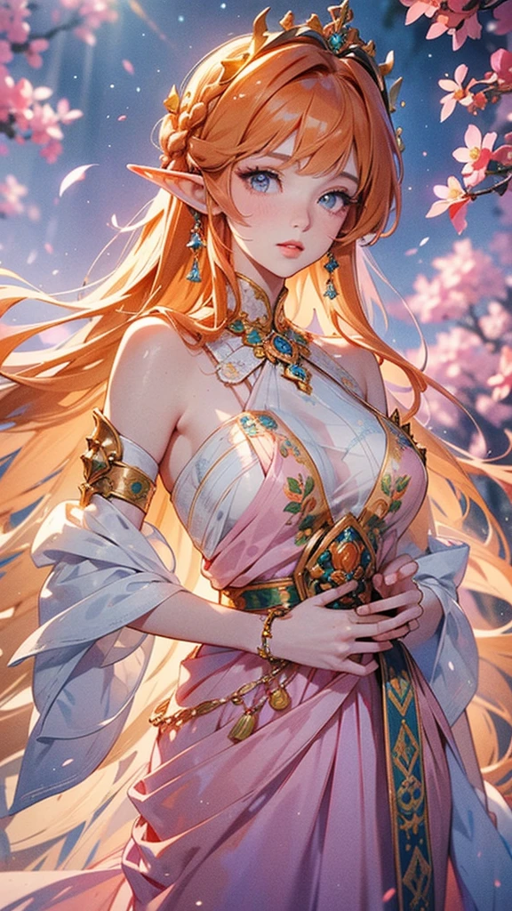 work of art, ultra epic details, ultra detaild, best resolution, orange hair like fire, olhos verdes esmeralda, long braided hair, ( BEAUTIFUL ELF ), (wearing a robust crown of blue and pink leaves and flowers on her head), { olhos ultra detailds }, (( rosto angelical )), sculptural body, ( peasant clothing ), (( perfect hands )), TREES, medieval scenery,( beautiful hairstyle with bangs ), lovely gaze, gazing at viewer, ((cute bear skin outfit))