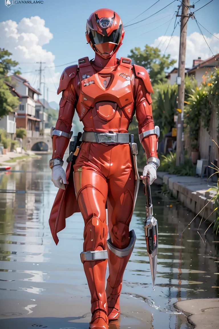 The sunset flies with the lonely geese in the distance, and the autumn river water and the vast sky are connected, icons,1boy, full body, Illustration, cinematic light, high resolution, best quality, ultra detailed, masterpiece, power suit, powerranger, suit, spd, (silver ranger suit), gold detail, shoulder cloak,