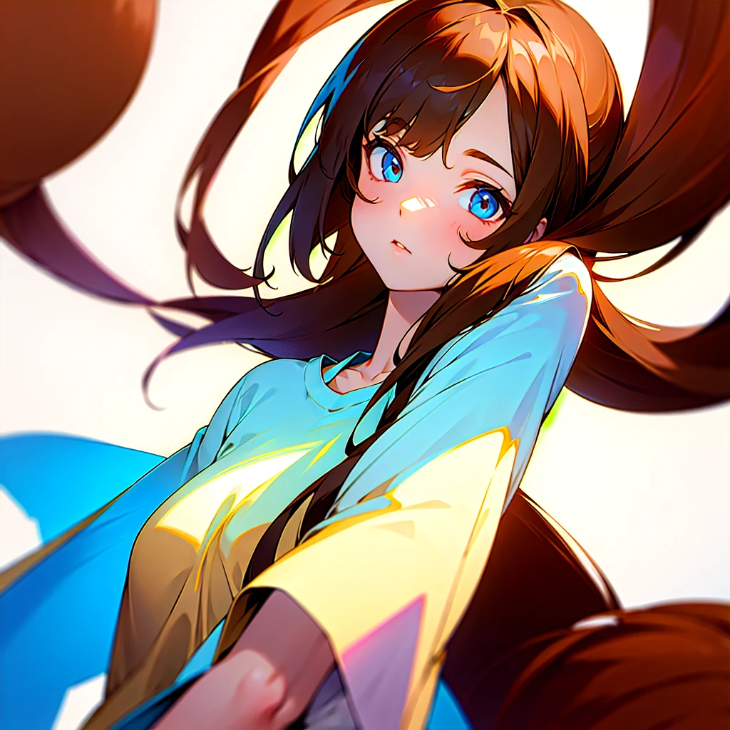 One girl、Simple whiteTshirt、Hairstyle: Long, straight brown hair、The composition is upper body up、No background