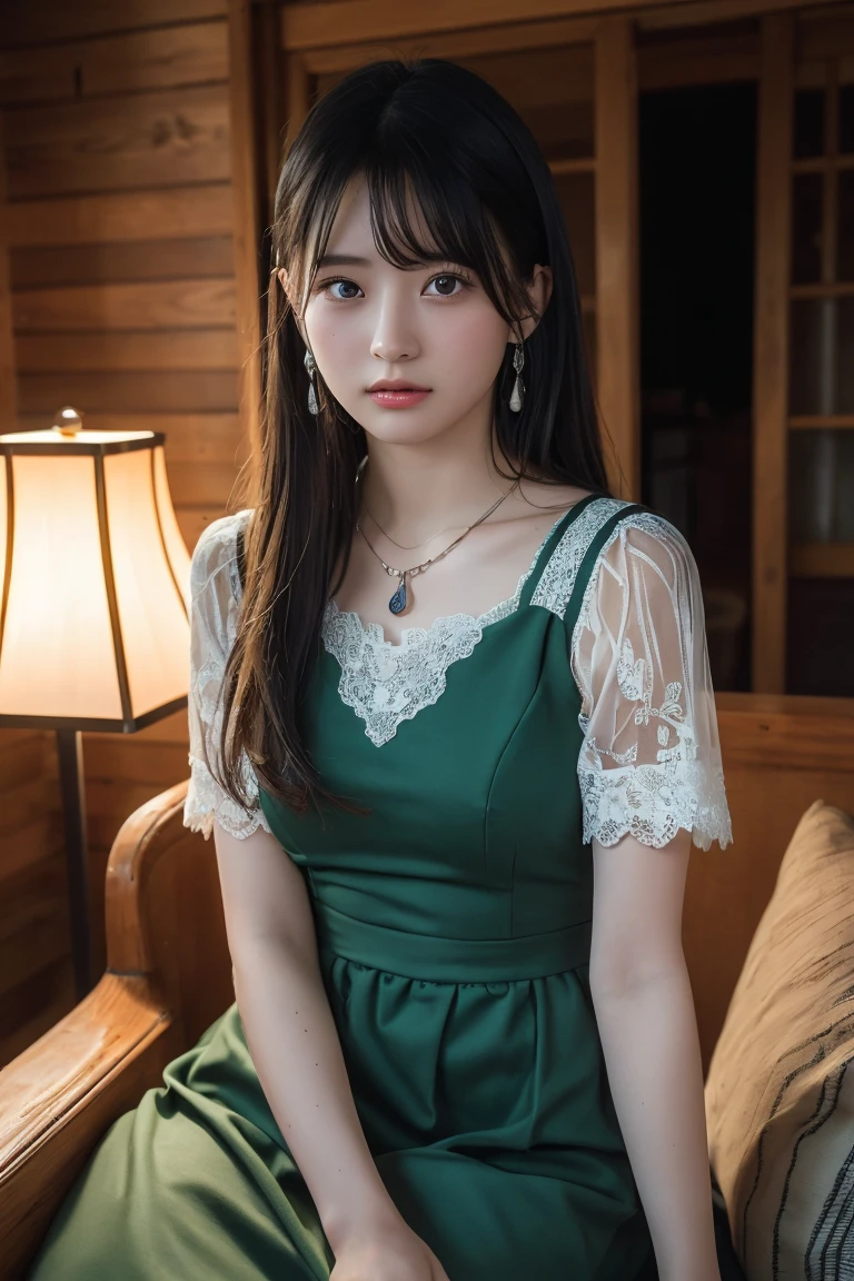 (Highest quality:1.4),(masterpiece:1.4),(Realistic:1.4),(Realistic:1.2),(超High resolution, RAW Photos:1.4),(High resolution, Ultra-detailed:1.2),(8K:1.2),View your viewers,Cinematic photography,One girl,skeletally correct,Black-haired woman,(Small earrings,necklace,lace party dresses,Light green long dress,Beautiful body lines,View from the front),(Western-style building interior,Dimly lit room,The lamplight shines on my cheeks,Sit on the sofa)