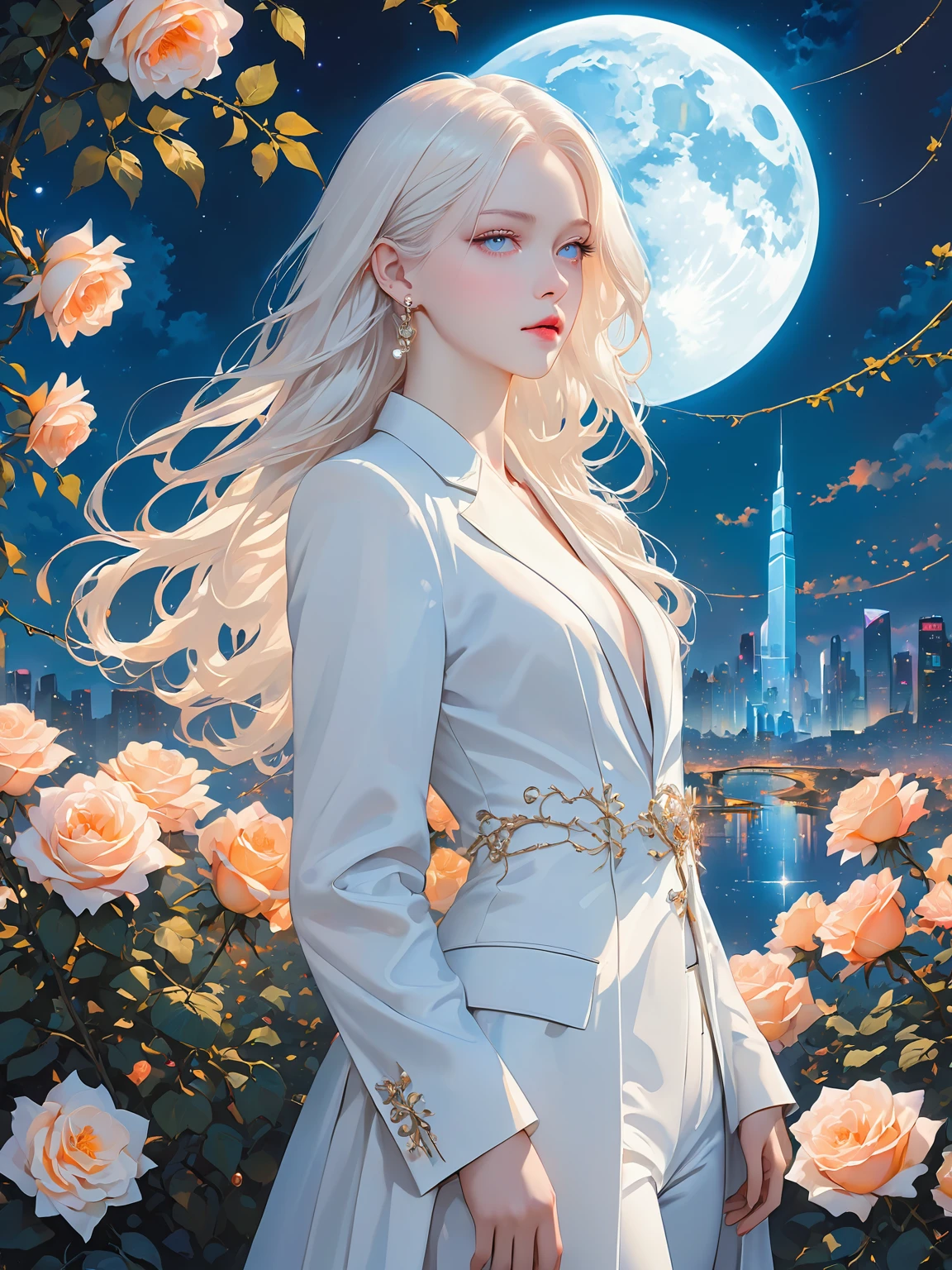 Masterpiece, best quality, (focus alone), (perfect face: 1.1), (high details: 1.1), dramatic, (an alluring albino angel guy with long flowing pure white hair and piercing white eyes),1 person, (pale skin), long hair, white eyes, alone, long hair, moon, night, white luxury suit, covered navel, pouted, covered, future city, detailed background, artgerm art film lights, roses and vines, fashion, Balenciaga style

