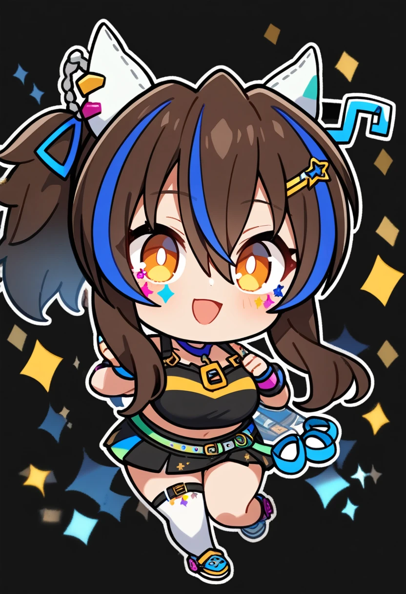 1Girl,daitaku helios(umamusume), umamusume, smile , big breasts, looking at viewer, black background,masterpiece, aesthetic, newest, white outline,chibi,full body, sparkle,ster
