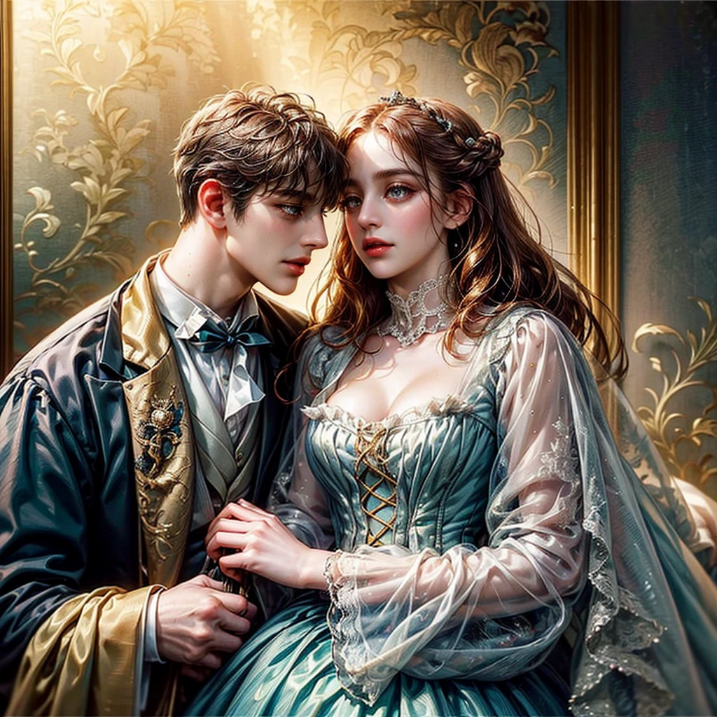 masterpiece, (((best quality))), ((((detailing)))), ((man and woman)), (Ria and Fabian), (couple), (funeral), ((victorian clothes)), (light background), (((detailed face))), (they look at each other),