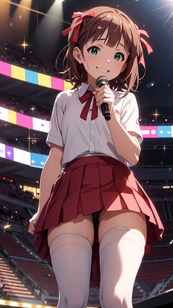 CG, Unity, 8K, wallpaper, Highest quality, masterpiece, cute girl is singing, Amami Haruka, (smile: 1.3), Please open your mouth wide, Small symmetrical ribbons on either side of the head, (Red Skirt: 1.3), (Skirt Lift:1.5),(Shaved:1.5) break, (White Stockings: 1.3), Sweaty, Best lighting, Complex pupil, Complex weaving, Detailed Background, on stage, Particles of light, Singing on stage as a top idol