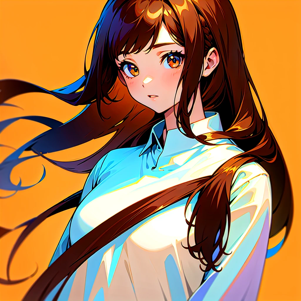 One girl、Simple whiteTshirt、Hairstyle: Long, straight brown hair、The composition is upper body up、No background