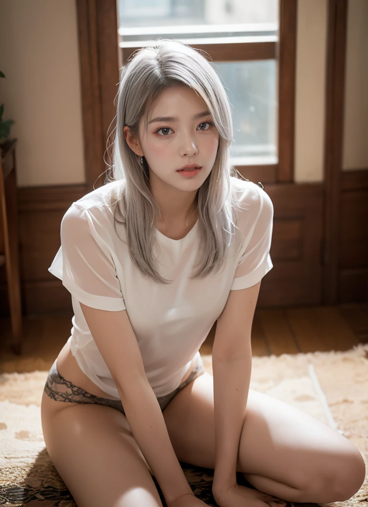 silk transparency，high score hair、individual，34 years old， A young man with silver hair biting his lip，Sitting position，towards the camera，Sitting position双抬腿）(camel toe)，(no)，(didn&#39;t bring it)，Sitting position，crotch top，fascinating，high heel， long legs, Strong leg muscles，