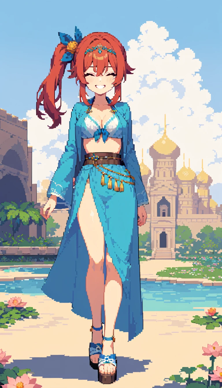 masterpiece, Highest quality, 8K, Pixel Art, ((One woman)), whole body, smile, He is laughing with joy., Showing teeth, Squinting, Red Hair, Hair swaying in the wind, Side Ponytail, Fluttering, Circlet, {{Jewelry decoration}} , Blue Vest, bikini, 際どいbikini, See-through pantaloons, Sandals, Obi sword at waist, Leather Belt, desert, A stone castle in the distance, palace, Artificial pond, lotus, lotusの花