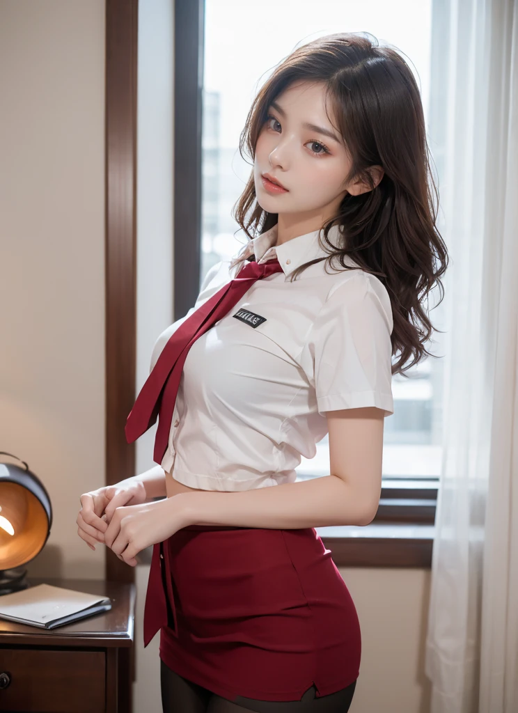 (8K,best quality,masterpiece:1.2),(In reality,realistic:1.4),(RAW photos),perfect details,18-year-old South Korean female model,Korean beautiful girl,Goose egg face shape,wavy curly hair,pure desire,((upper body:5 Point Shirt,black shirt,(Little Red Tie),short sleeve,Crop topping)),(private part:Skirt that hugs the buttocks,black),Wear pantyhose and sneakers,chest이 크다,chest,Butt Lift,hotel,rooms,window,
