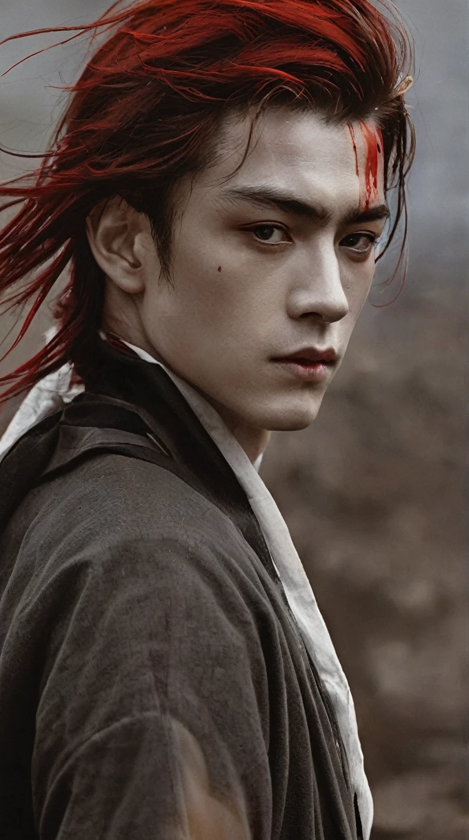 Ultra-high resolution,(((masterpiece))),(((Best quality))),(((Super Detail)),((Extremely delicate and beautiful)),Light,Detail environment,(reality),(1 handsome boy,solo,Male focus:1.3),(clutching a sword:1.2),(Dark red and light gold:1.3),(hair pulled back,Flowing hair:1.1),Designed by Greg Manchess,smoke,Model male,Bright Eyes,有Light泽的嘴唇,Futuristic bloody face war paint,Art Station Trends,Photoreal,8 K,Octane rendering by Greg Rutkowski,Artwork by Carne Griffiths and Wadim Kashin,Using Dau-al-Set、Pollock's style,Inspired by MAPPA and Zdzislaw Beksinski,Hanfu,