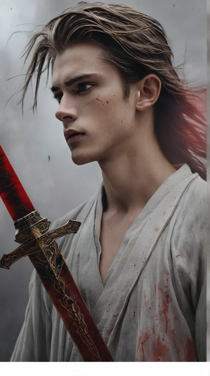 Ultra-high resolution，（（（masterpiece））），（（（Best quality））），（（（Super Detail）），（（Extremely delicate and beautiful）），Light，Detail environment，（reality），（1 handsome boy，solo，Male focus：1.3），（clutching a sword：1.2），（Dark red and light gold：1.3），（hair pulled back，Flowing hair：1.1），Designed by Greg Manchess，smoke，Model male，Bright Eyes，有Light泽的嘴唇，Futuristic bloody face war paint，Art Station Trends，Photoreal，8 K，Octane rendering by Greg Rutkowski，Artwork by Carne Griffiths and Wadim Kashin，Using Dau-al-Set、Pollock&#39;s style，Inspired by MAPPA and Zdzislaw Beksinski，Hanfu，