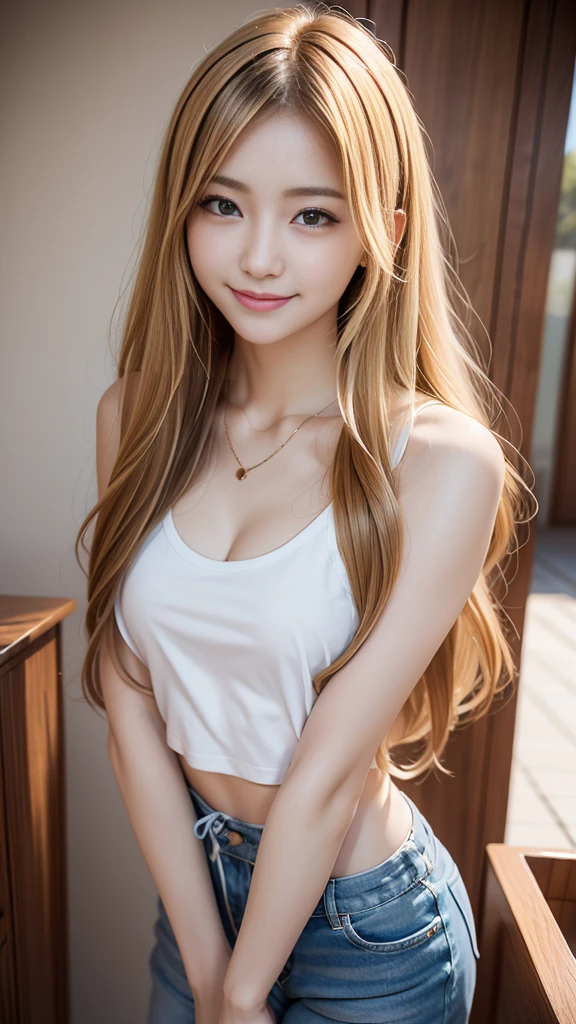 (RAW Photos:1.2)、Highest quality、Precise beauty、Beautiful long hair woman、The most beautiful women in the world、Beautiful and sharp features、21 years old、Smooth super long hair that looks blonde、Highly detailed face、cutesmileの***、Happy expression、Beautiful and beautiful eyes、eyeliner、Small face、Ample breasts、T-Shirts、necklace、Semi-backlit、High resolution、8k wallpaper、The gesture of pulling up the hair(Photorealism:1.4)、Super detailed、masterpiece、Very bright photo、Take off your pants and place them on your fingers、smile、Beauty、cute、Various clothes