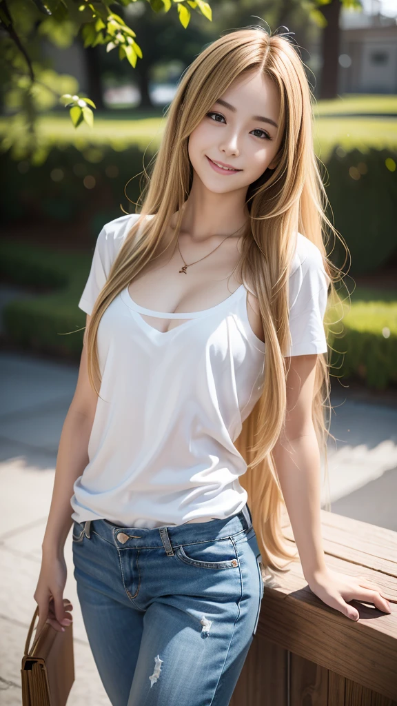 (RAW Photos:1.2)、Highest quality、Precise beauty、Beautiful long hair woman、The most beautiful women in the world、Beautiful and sharp features、21 years old、Smooth super long hair that looks blonde、Highly detailed face、cutesmileの女の子、Happy expression、Beautiful and beautiful eyes、eyeliner、Small face、Ample breasts、T-Shirts、necklace、Semi-backlit、High resolution、8k wallpaper、The gesture of pulling up the hair(Photorealism:1.4)、Super detailed、masterpiece、Very bright photo、Take off your pants and place them on your fingers、smile、Beauty、cute、Various clothes