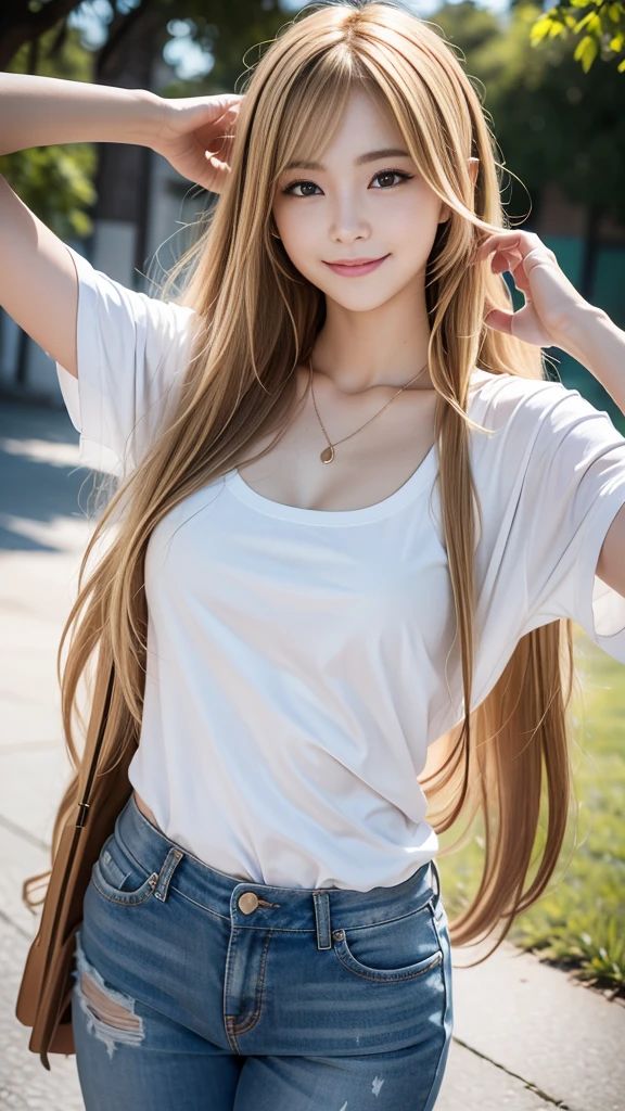 (RAW Photos:1.2)、Highest quality、Precise beauty、Beautiful long hair woman、The most beautiful women in the world、Beautiful and sharp features、21 years old、Smooth super long hair that looks blonde、Highly detailed face、cutesmileの女の子、Happy expression、Beautiful and beautiful eyes、eyeliner、Small face、Ample breasts、T-Shirts、necklace、Semi-backlit、High resolution、8k wallpaper、The gesture of pulling up the hair(Photorealism:1.4)、Super detailed、masterpiece、Very bright photo、Take off your pants and place them on your fingers、smile、Beauty、cute、Various clothes
