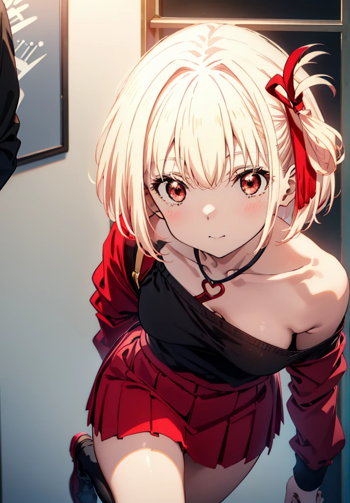 Chisato Nishikigi, Chisato Nishikigi, short hair, bangs, blonde, (Red eyes:1.5), Hair Ribbon, One side up, happy smile, smile, Open your mouth,
hair band,Cord off-shoulder top,Short sleeve,skinny pants,Stiletto heels,morning,morning陽,The sun is rising,walk,whole bodyがイラストに入るように,Looking down from above,
break outdoors, city,Area,
break looking at viewer, whole body,
break (masterpiece:1.2), highest quality, High resolution, unity 8k wallpaper, (shape:0.8), (Beautiful details:1.6), Highly detailed face, Perfect lighting, Highly detailed CG, (Perfect hands, Perfect Anatomy),