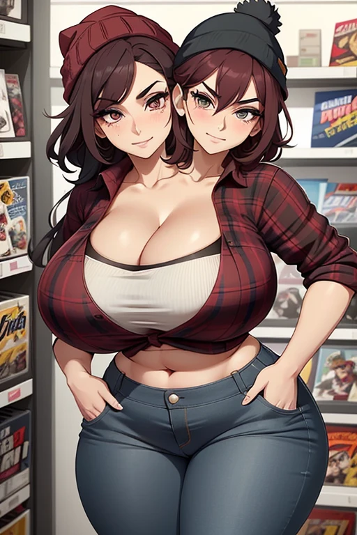 2heads, tall chubby woman with 2 heads. At a video game store. Short messy maroon hair. Wearing a beanie. Wearing unbuttoned open plaid flannel shirt, bra underneath. Wearing jeans. Mature, womanly. Thick thighs, wide hips. Wearing eyeliner, baggy tired eyes. Many tattoos and piercings. Smirking, happy. 