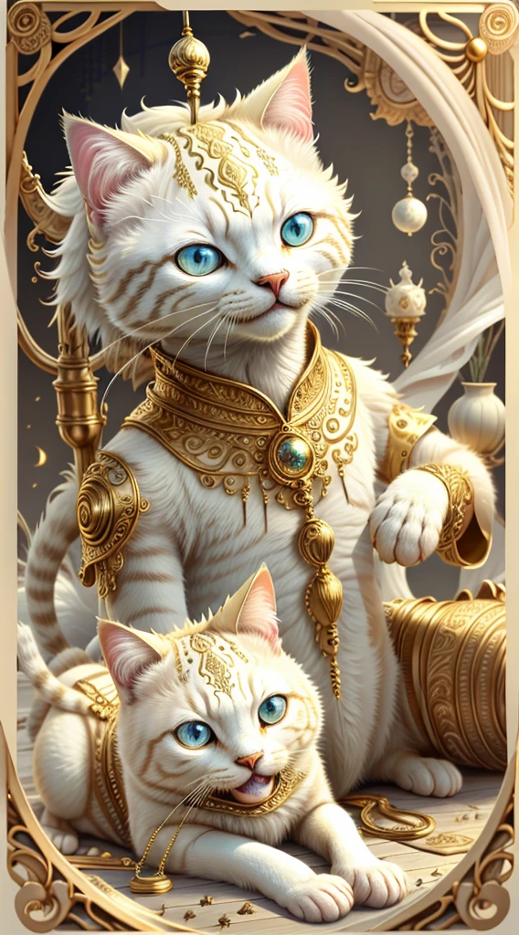 Ivory Gold AI Psychedelic Magic,Cat，Cleanliness，Bright，smile，interesting,One of the eyes is blue,god々Shii