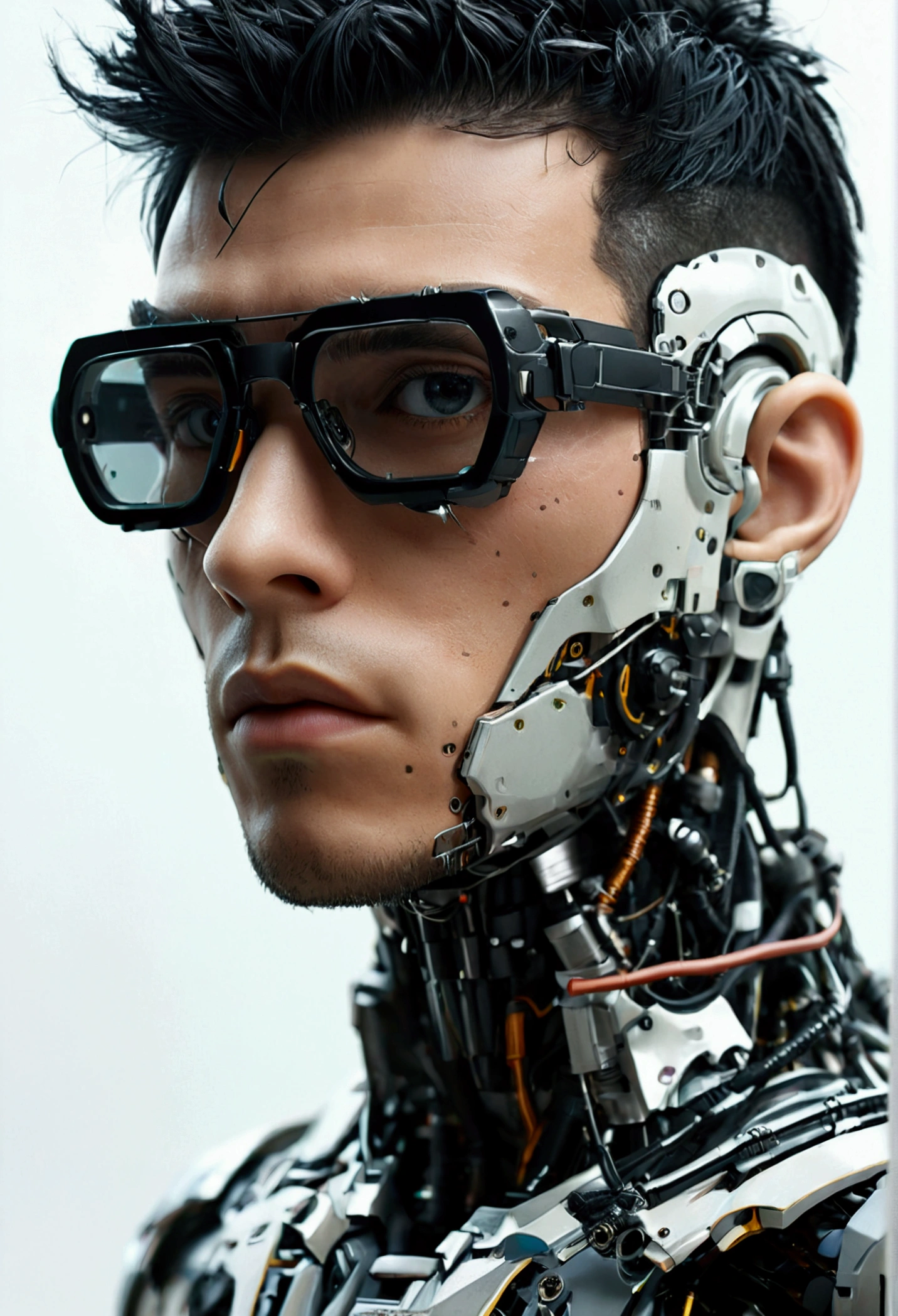 Male robot body hair with black-rimmed glasses with undercut hair, Look to the camera ::futuristic cyberpunk style ,realistic styling ::n_digital painting style, robotic parts, face perfect::seed 1、Black Edged Hair、large nose、Black-based clothing, photo by full body, White background