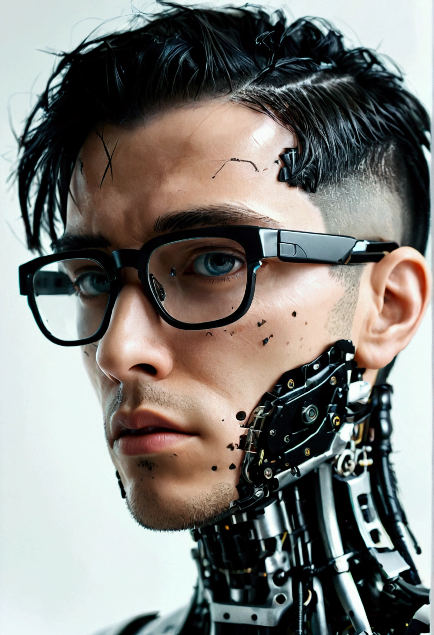 Male robot body hair with black-rimmed glasses with undercut hair, Look to the camera ::futuristic cyberpunk style ,realistic styling ::n_digital painting style, robotic parts, face perfect::seed 1、Black Edged Hair、large nose、Black-based clothing, photo by full body, White background