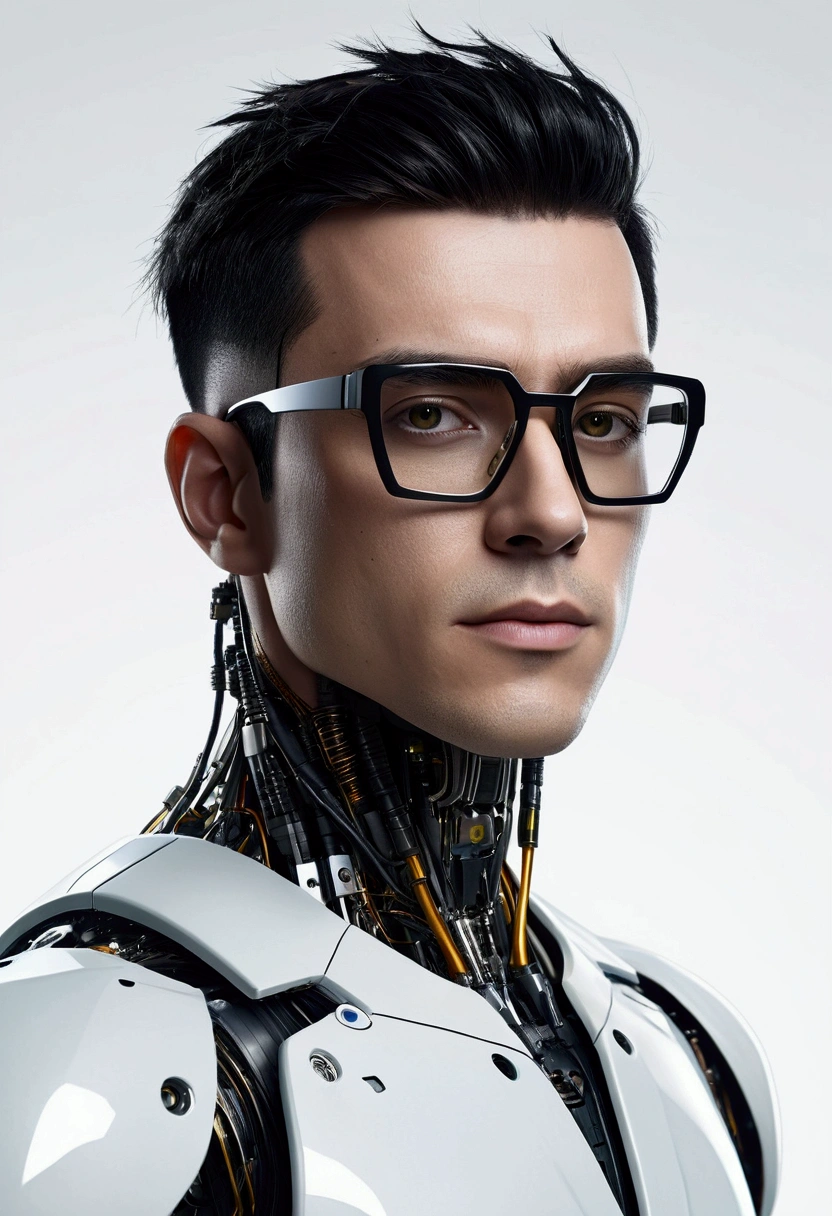Male robot body hair with black-rimmed glasses with undercut hair, Look to the camera ::futuristic cyberpunk style ,realistic styling ::n_digital painting style, robotic parts, face perfect::seed 1、Black Edged Hair、large nose、Black-based clothing, photo by full body, White background
