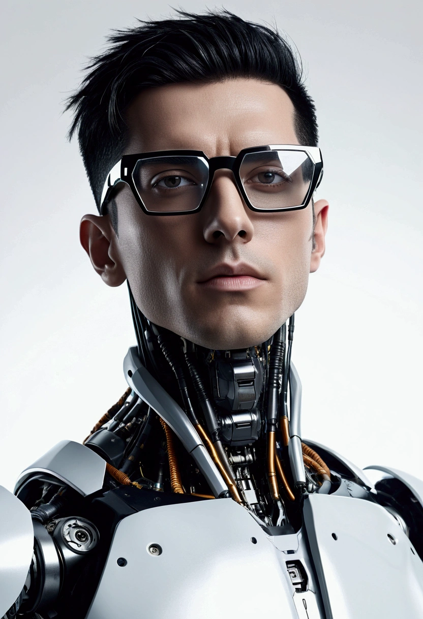 Male robot body hair with black-rimmed glasses with undercut hair, Look to the camera ::futuristic cyberpunk style ,realistic styling ::n_digital painting style, robotic parts, face perfect::seed 1、Black Edged Hair、large nose、Black-based clothing, photo by full body, White background