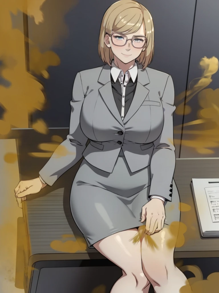 HD, solo, 1female, erica bartholomew, pale skin, office outfit, grey suit, tight grey skirt, wearing glasses, blonde hair, farting, massive fart, yellow smoke rising, relieved face, smiling, blush, sitting on seat, alone in office, heart signs