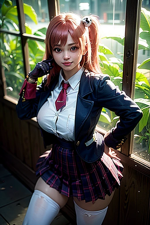 honoka dead or alive , sit in tropical rainforest , steam , rain , plaid skirt , pleated skirt , Tight shirt , white Shirt , school girl , skirt under breasts , (masterpiece, best quality, hires, high resolution:1.2, 4k, 8k , high quality), extremely detailed, realistic, intricate details, highres, 1girl, solo, (large breasts, thick thighs, wide hips), arched back,(cinematic lighting, sunlight, perfect lighting, backlighting), eye-level shot, extreme close-up-shot, looking at viewer , masterpiece, best quality , red bow , red knot , (masterpiece, best quality:1.2), solo, 1girl, honoka, smile, looking at viewer, hand on hip, one side up, skull hair ornament, , jacket, necktie, single glove, black gloves, plaid skirt, white thighhighs 