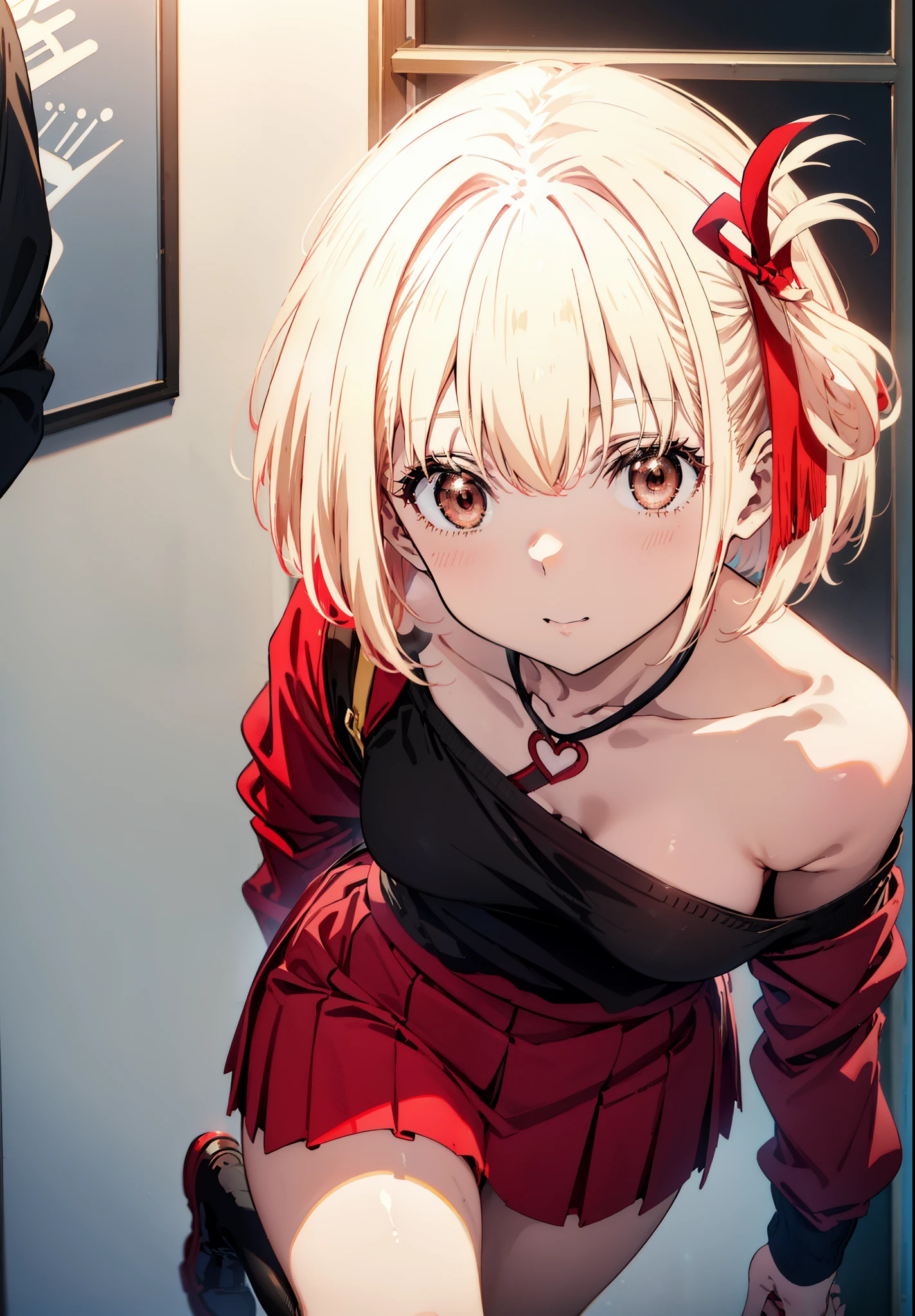Chisato Nishikigi, short hair, bangs, Blonde, (Red eyes:1.5), hair ribbon, One side up, Bobcut,happy smile, smile, Open your mouth,Heart-shaped necklace,Bare neck,Bare shoulders,bare clavicle,Red one-shoulder sweater,mini skirt,Black pantyhose,short boots,Walking,whole bodyがイラストに入るように,Daytime,Clear skies,
break indoors,School,canteen,
break looking at viewer, whole body,
break (masterpiece:1.2), Highest quality, High resolution, unity 8k wallpaper, (figure:0.8), (Beautiful attention to detail:1.6), Highly detailed face, Perfect lighting, Highly detailed CG, (Perfect hands, Perfect Anatomy),
