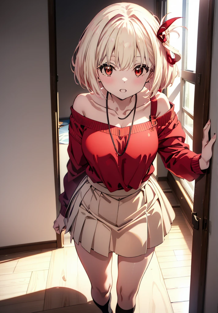 Chisato Nishikigi, short hair, bangs, Blonde, (Red eyes:1.5), hair ribbon, One side up, Bobcut,happy smile, smile, Open your mouth,Heart-shaped necklace,Bare neck,Bare shoulders,bare clavicle,Red one-shoulder sweater,mini skirt,Black pantyhose,short boots,Walking,whole bodyがイラストに入るように,Daytime,Clear skies,
break indoors,School,canteen,
break looking at viewer, whole body,
break (masterpiece:1.2), Highest quality, High resolution, unity 8k wallpaper, (figure:0.8), (Beautiful attention to detail:1.6), Highly detailed face, Perfect lighting, Highly detailed CG, (Perfect hands, Perfect Anatomy),