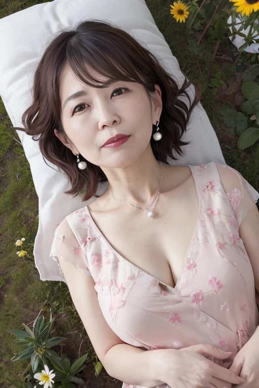 Beautiful mature Japanese woman aged 55, Long eyelashes, Bob Hair, Red lipstick, Pink Cheeks, Pearl Necklace, Earrings, Dark eyeshadow, Cleavage, Floral dress, grassland, Lying on pasture, Sleep on your back, (Full Body Focus)