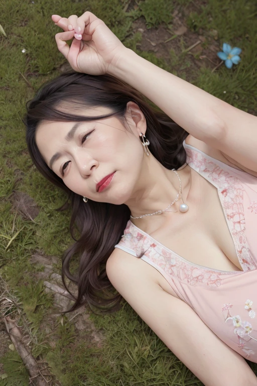Beautiful mature 55 year old Japanese woman, Married women, Fine Lines, Long eyelashes, Shining Eyes, Bob Cut Hair, smile, Red lipstick, elegant, Pearl Necklace, Sexy Lingerie, whole body, sunny, ((lying on the green grass)), ((Sleep on your back)), (Highest quality,4K,8K,High resolution,masterpiece:1.2),Very detailed,(Realistic,photoRealistic,photo-Realistic:1.37),High resolution,超High resolution,Studio Lighting,Ultra-fine painting,Sharp focus,Physically Based Rendering,Very detailed説明,Professional,Vibrant colors,Bokeh,Portraiture
