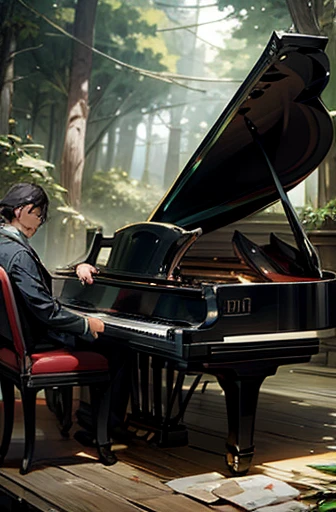 anime style, super fine illustration, highly detailed, dynamic angle, beautiful detailed, 8k, In the summer, during the daytime, in a semi-circular theater in the forest, BREAK an anthropomorphic robot sits on a chair, playing the piano. The robot's eyes are completely opened, and it has an expression of being immersed in the music. BREAK Anthropomorphic robots are present as the audience. BREAK Musical notes overflow from the piano.
